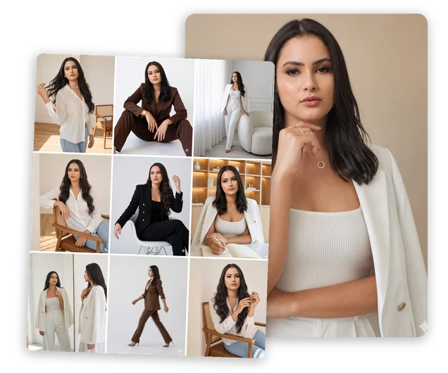 Retrato da Queziane e um mosaico de nove fotos de ensaio feitas com IA